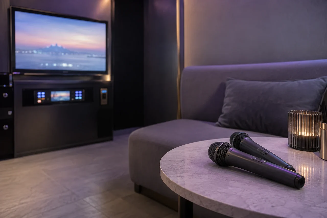 Illustration eines Karaoke-Raums mit Mikrofonen auf einem Sofa und Liedbildschirm