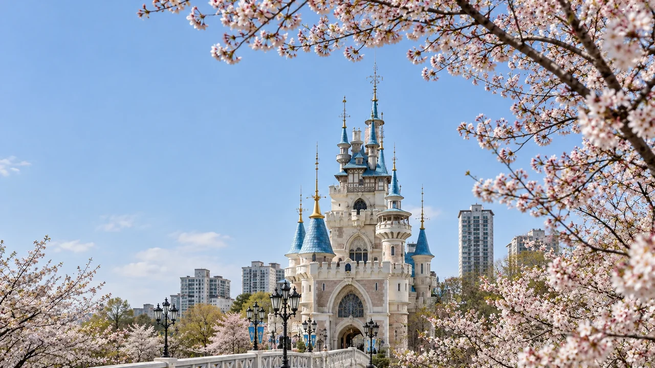 Illustrazione del Magic Castle del Lotte World tra i ciliegi in fiore